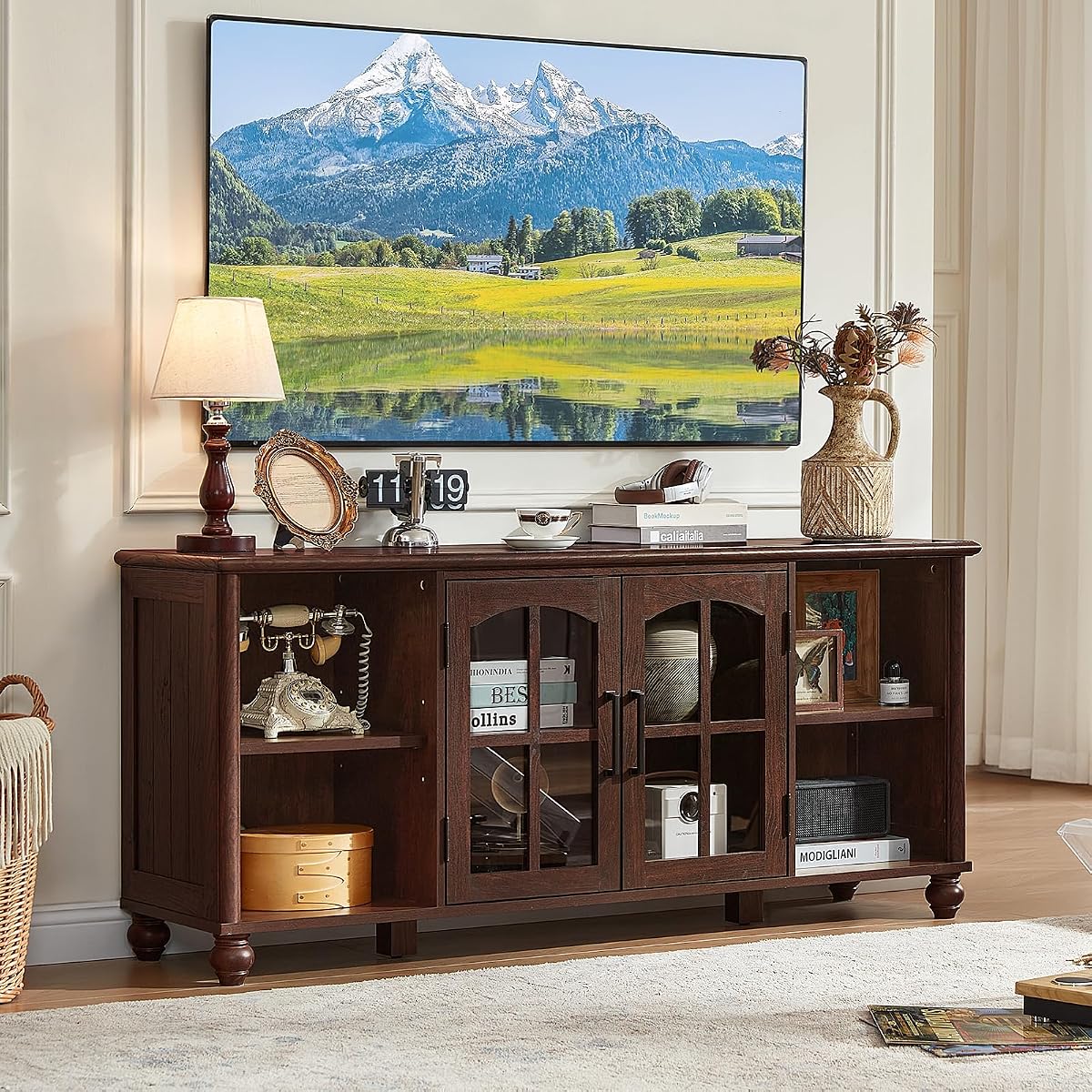 Farmhouse TV Stand for 60 Inch TV, Wood Entertainment Center with Adjustable Shelves & Glass Door Storage Cabinet,Television Stands for 65" TVS,TV Console Table for Living Room,Bedroom,Walnut