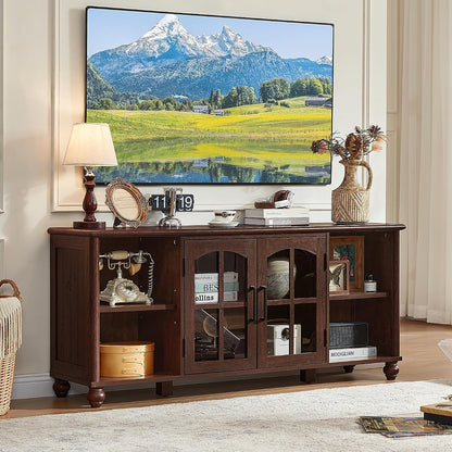 Farmhouse TV Stand for 60 Inch TV, Wood Entertainment Center with Adjustable Shelves & Glass Door Storage Cabinet,Television Stands for 65" TVS,TV Console Table for Living Room,Bedroom,Walnut