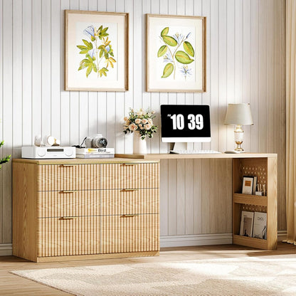 L Shaped Expandable Desk,47" Home Office Desks, Executive, Farmhouse Computer Desk with 6 Drawers File Drawer, Rustic Computer Writing, Oak