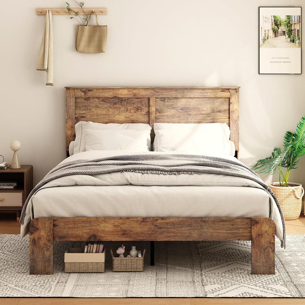 NNOOTK Wood Queen Size Bed Frame with Headboard and Footboard, Dark Brown