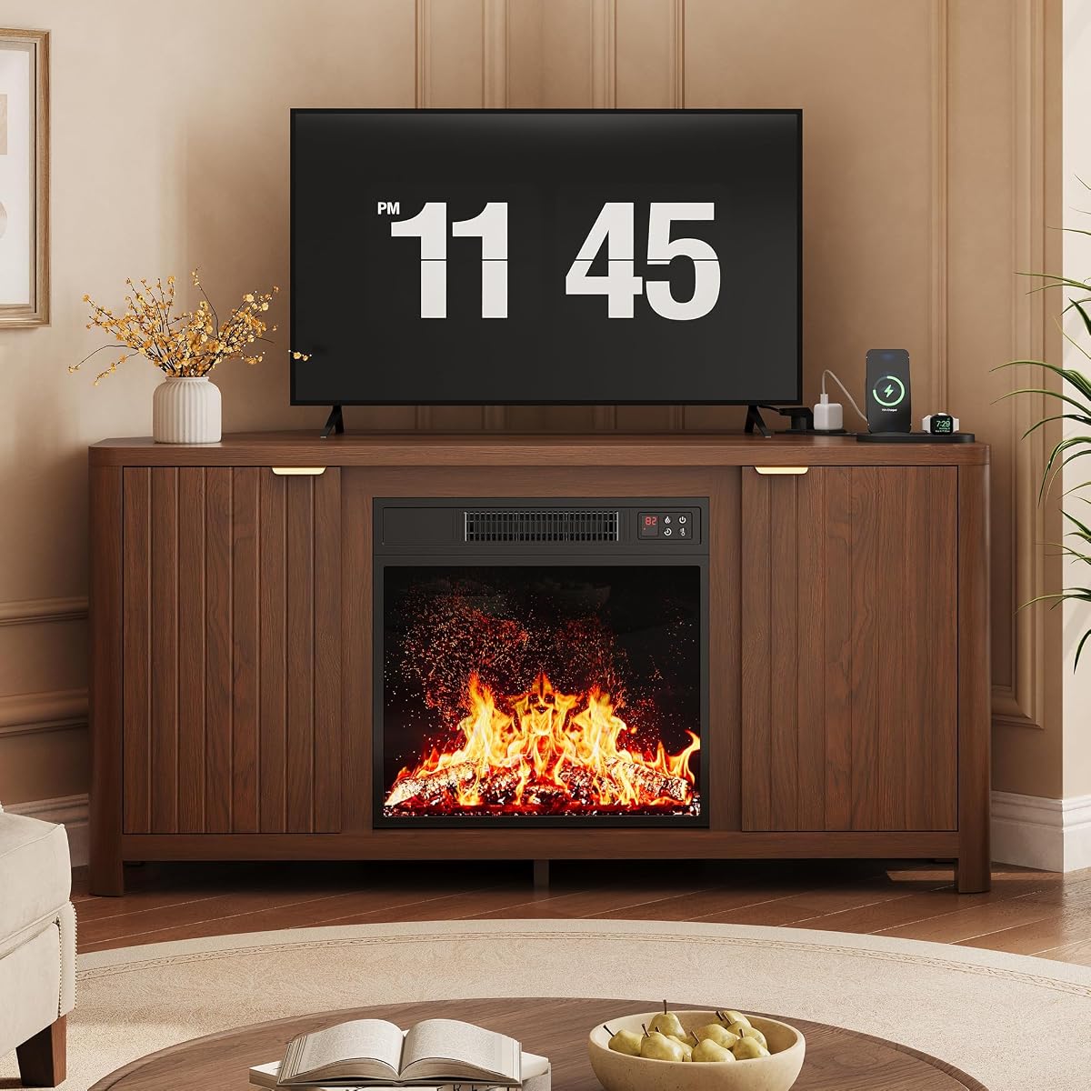 Corner Fireplace TV Stand for 55" TV, Fluted Entertainment Center, Walnut