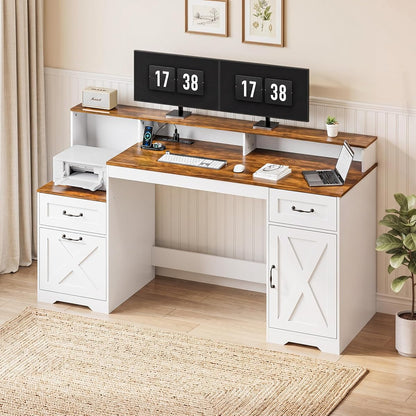 63 Inch Farmhouse Computer Desk with Drawers & Power Outlets