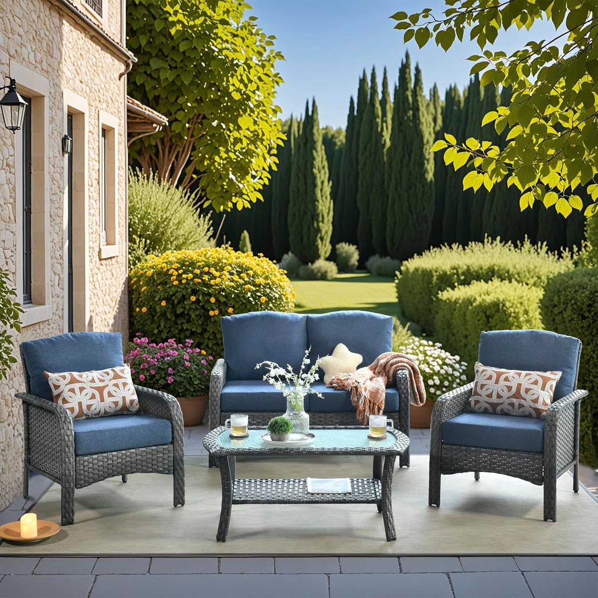 4 Pieces Wicker Patio Furniture - All-Weather PE Wicker Outdoor Conversation Bistro Set Loveseat Chairs with Table,Outdoor Rattan Sofa Chair High Back Deep Seating,Blue