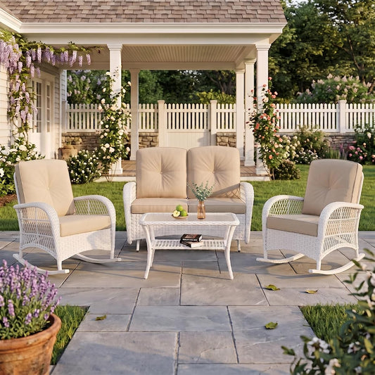 4-Piece Outdoor Patio White Wicker Conversation Sets, All Weather Outdoor Rattan Furniture Set Includes Glider Loveseat, Coffee Table, 2 Rocking Chairs with Cushions for Backyard, Beige