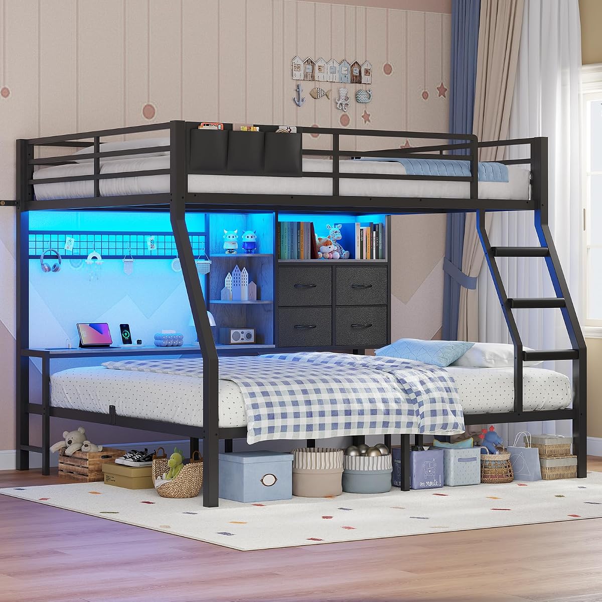 Full Over Full Bunk Beds with 4 Storage Drawers & Shelves & Bedside Caddy, Bunk Bed with Charging Station & LED Lights, Full Size Bunk Bed with Safety Guardrail & Angled Ladder, Black & Grey