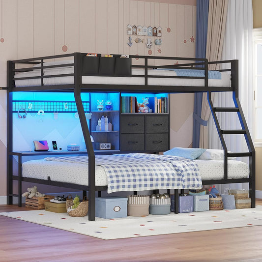 Full Over Full Bunk Beds with 4 Storage Drawers & Shelves & Bedside Caddy, Bunk Bed with Charging Station & LED Lights, Full Size Bunk Bed with Safety Guardrail & Angled Ladder, Black & Grey