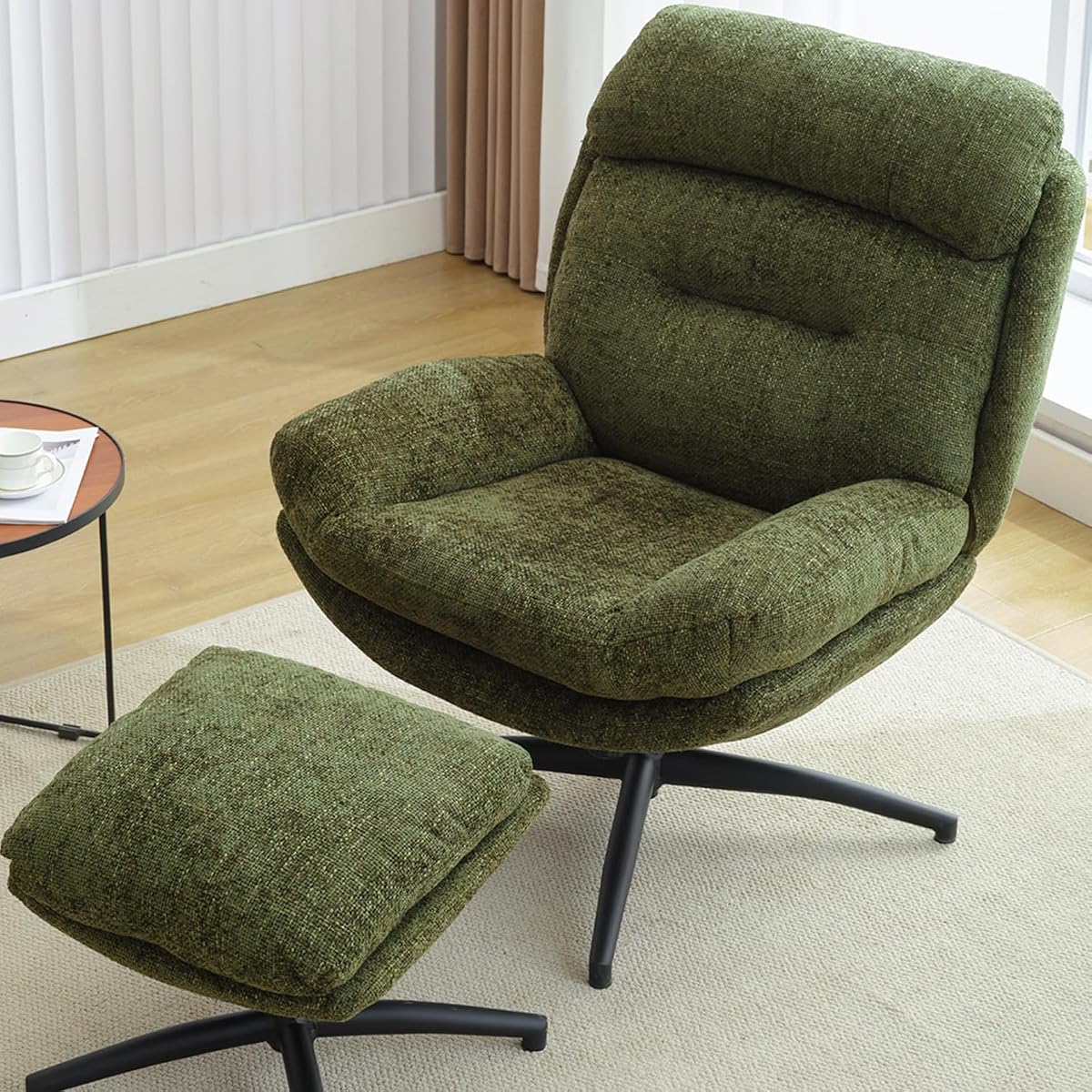 Swivel Accent Chair with Ottoman Set for Living Room, Chenille Comfy Reading Chair with High Back, TV Lounge Chair with 360 Degree Swiveling, Tilting for Bedroom, Modern Armchair with Footrest, Green