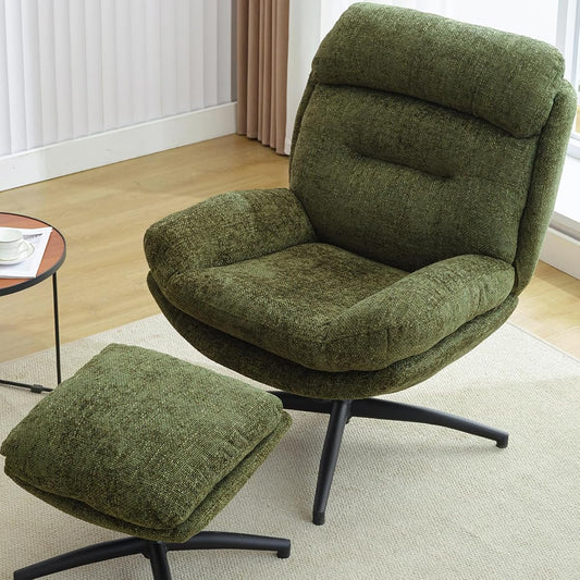 Swivel Accent Chair with Ottoman Set for Living Room, Chenille Comfy Reading Chair with High Back, TV Lounge Chair with 360 Degree Swiveling, Tilting for Bedroom, Modern Armchair with Footrest, Green
