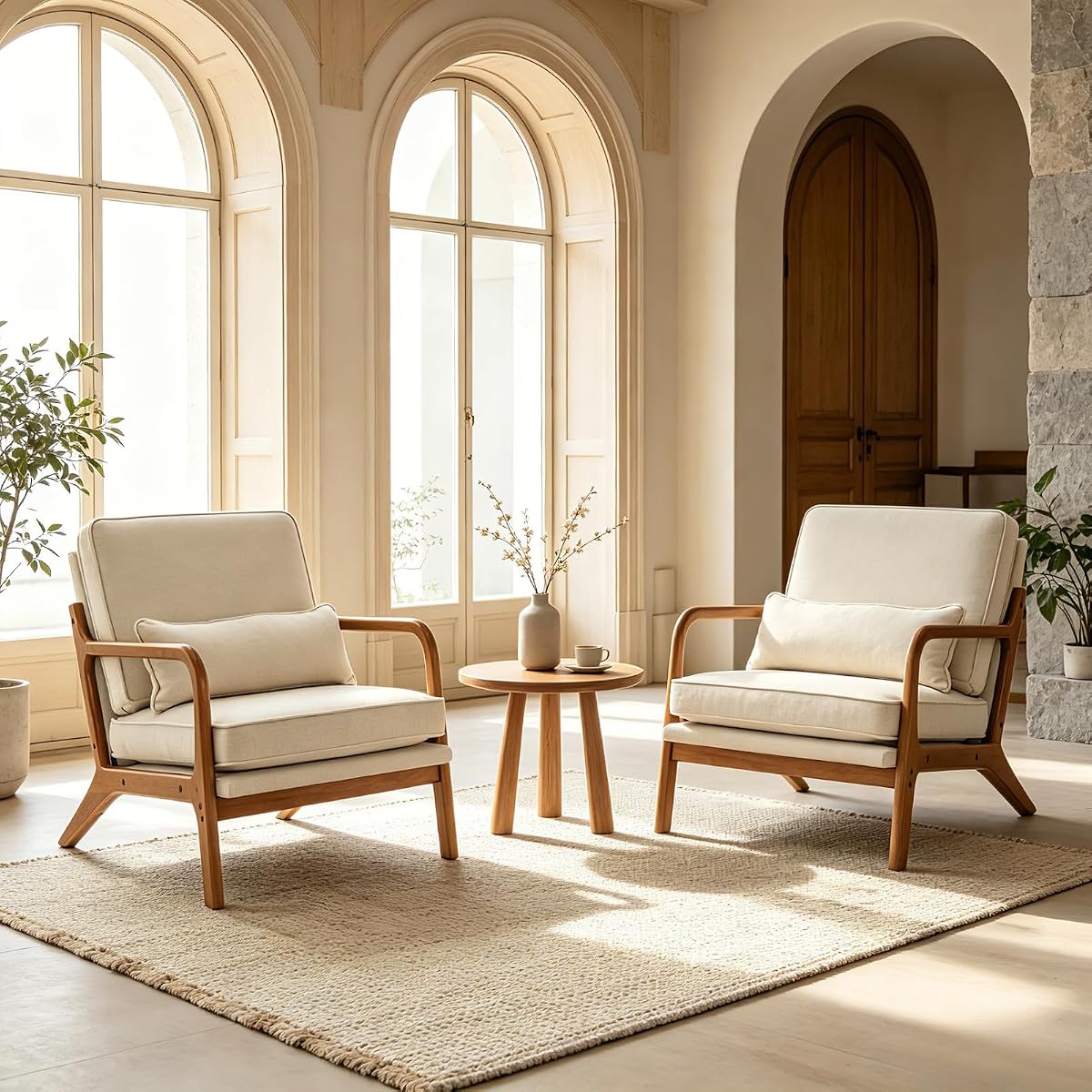 Beige Linen Upholstered Accent Chairs with Solid Wood Frame and Lumbar Pillow