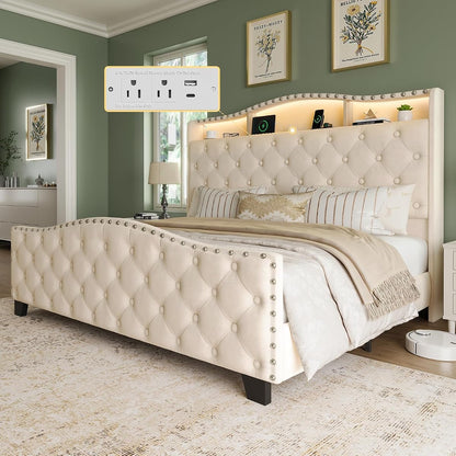 Platform Bed Frame with 50.9" LED Headboard, Queen Beige