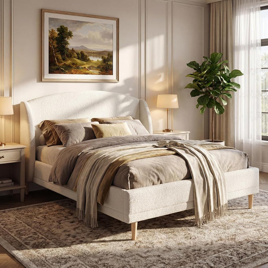 Queen Upholstered Bed Frame with Wingback Headboard, Cloud Boucle Platform Bed