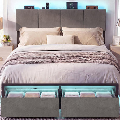 Queen Bed Frame with Charging Station and LED Lights