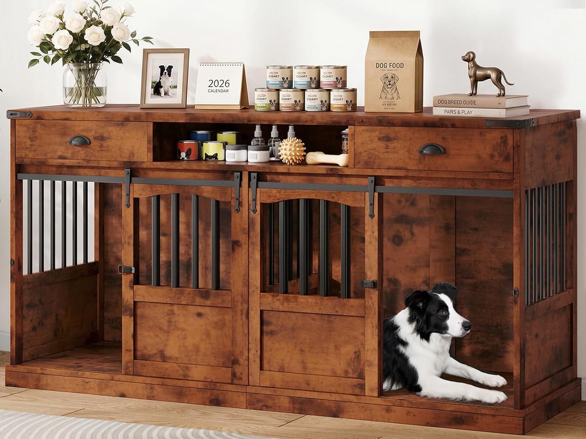 72" Double Dog Crate Furniture with Charging Station, Extra Large