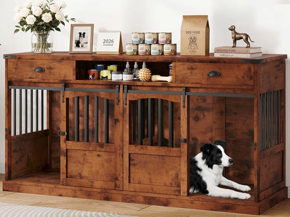 72" Double Dog Crate Furniture with Charging Station, Extra Large