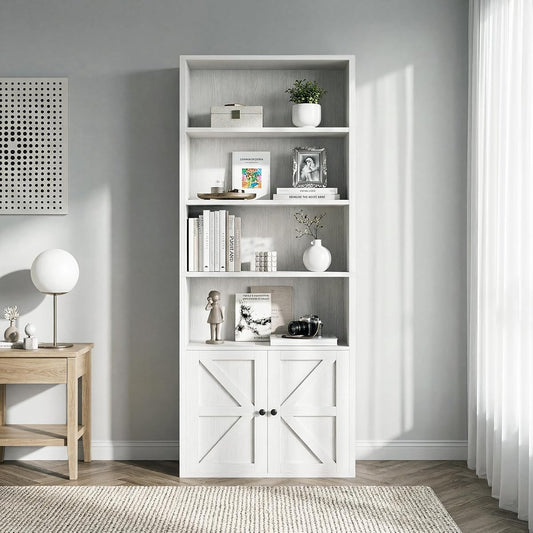 MXV 6 Tier 71" Tall Farmhouse Bookshelf with Barn Door Cabinet