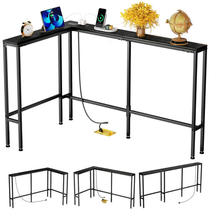 L Shaped 78" Narrow Console Sofa Table with Built-in Power Strip (2 AC Outlets & 2 USB Ports) – 4.9ft Power Cord, Metal Frame, Easy Assembly, Ideal for Behind Couch, Hallway (Black, 78IN)