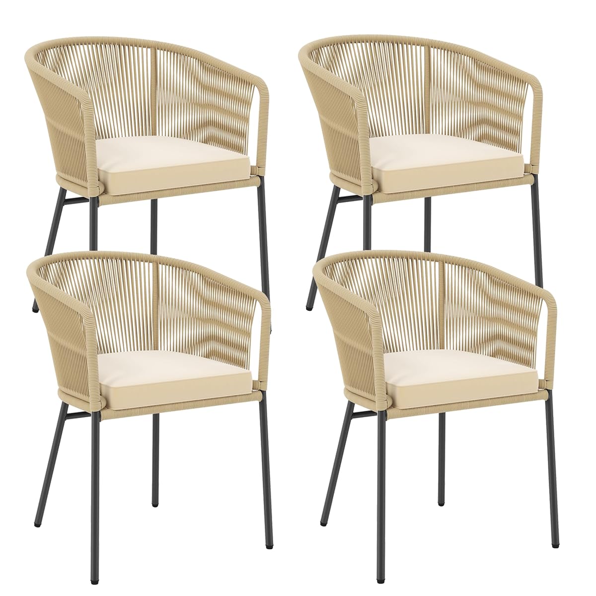 Patio Chairs Set of 4, Outdoor Accent Chairs with Woven Rope Curved Backrest & Armrests, Seat Cushion, Adjustable Foot Pads, Modern Dining Chair for Dining Room, Patio, Backyard, Beige