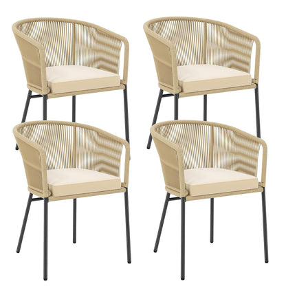 Patio Chairs Set of 4, Outdoor Accent Chairs with Woven Rope Curved Backrest & Armrests, Seat Cushion, Adjustable Foot Pads, Modern Dining Chair for Dining Room, Patio, Backyard, Beige