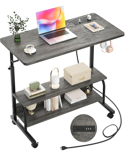Rolling Standing Desk with Charging Station, Portable Height Adjustable Mobile Computer Desk with Wheels & 2-Tier Shelves & Hooks, Easy Assembly Laptop Table for Couch Bed, 32" Grey Oak