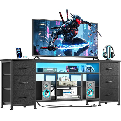 LED TV Stand for 65, 70 Inch TV, 63 Inch Entertainment Center with Power Outlets, 6 Fabric Drawers Dresser for Bedroom, Media Console with Open Shelves, PU Leather Surface, Black