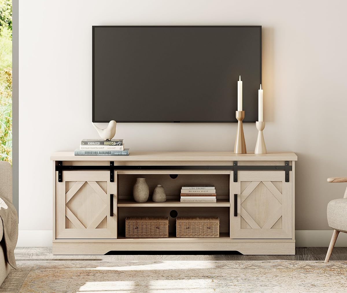 23.6"H Farmhouse TV Stand for 65" TV with Barn Doors& Hidden Storage | 59.1" W Rustic Country-Style TV Cabinet with Smooth Barn Door Slides,Holds 100+ CDs,Height-Adjustable Media Shelf