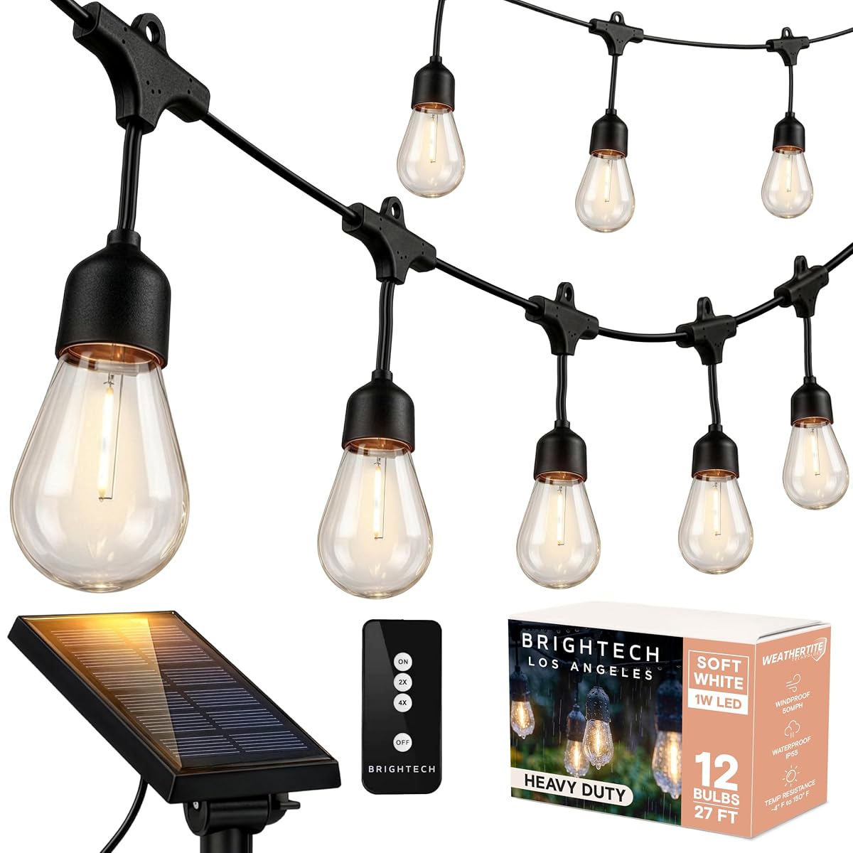 Ambience Pro – Solar Power Remote Control Outdoor String Lights with Edison Bulbs – Shatterproof, Commercial Grade LED Waterproof Patio Lights – 1W, 3,000K, Hanging, 27 ft