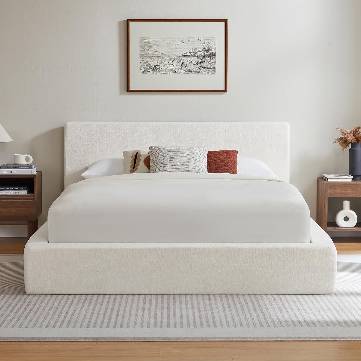 Queen Cloud Bed Frame with Headboard, No Box Spring Needed, White-Style A
