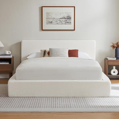 Queen Cloud Bed Frame with Headboard, No Box Spring Needed, White-Style A