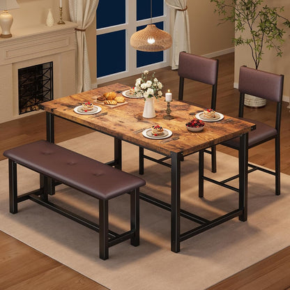 Dining Table Set for 4, Kitchen Table with 2 Upholstered Chairs and Bench, Wood Kitchen Dining Room Set, for Small Space, Apartment, Home, Kitchen, Retro Brown