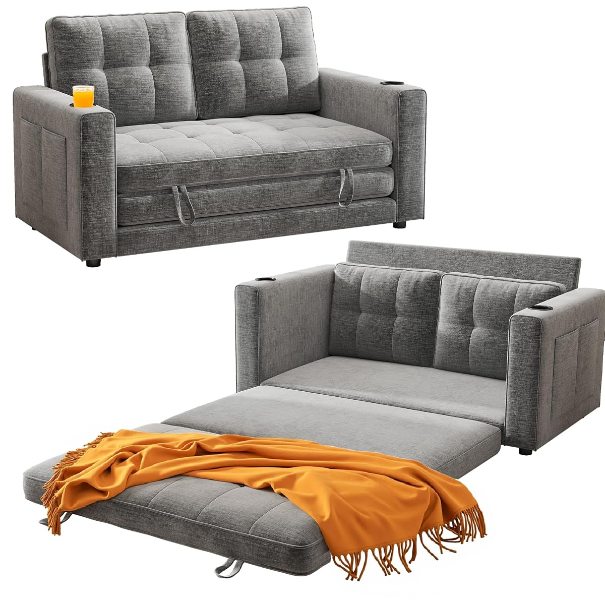 Convertible Sofa Bed, Folding Sofa Bed 2 in1 Pull Out Loveseat Sleeper Sofa, Floor Sofa Bed for Small Spaces Folding Couch Bed with Pillows for Living Room Bedroom - Grey
