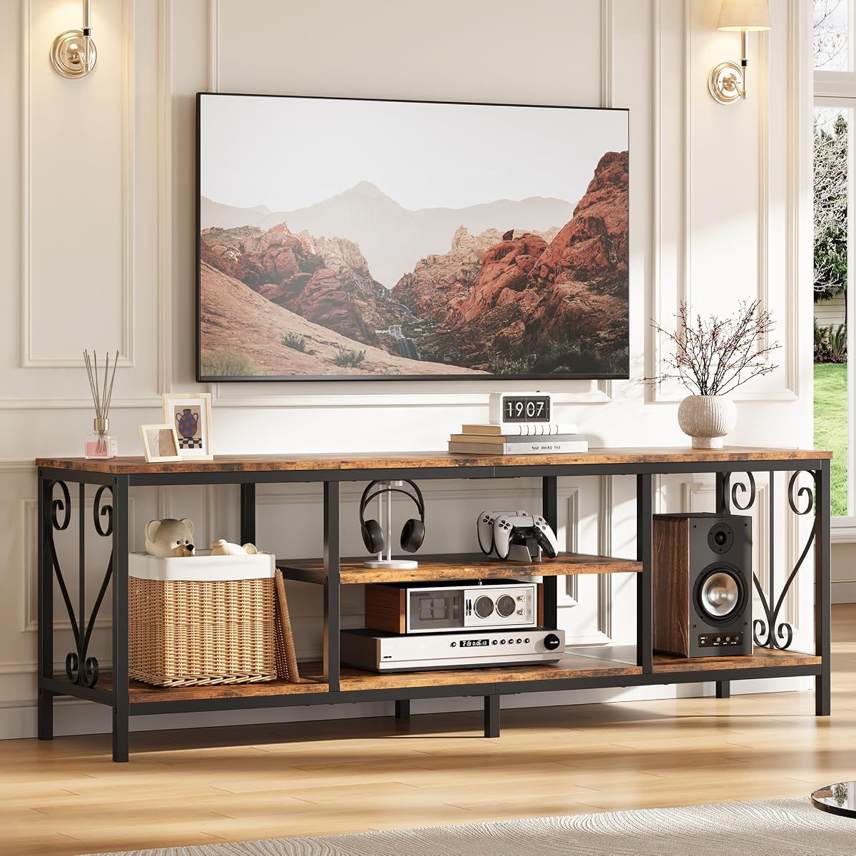 TV Stand for 65 70 75 Inch TVs, 63" Heavy-Duty Industrial Entertainment Center with 3-Tier Open Shelves, Solid 6-Leg Structure & Soundbar Space, TV Console Table for Living Room and Bedroom