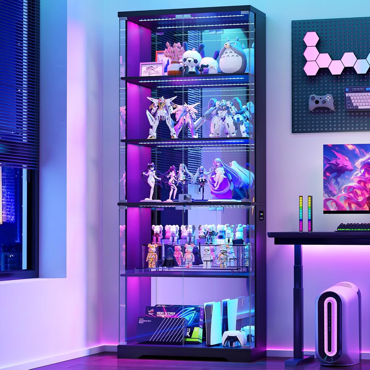 Glass Display Cabinet with Doors and RGB LED Lights | 69" Tall Curio Cabinet, 5-Tier Wooden Shelves, Lockable Display Case, Motion Sensor, for Collectibles, Living Room, Black