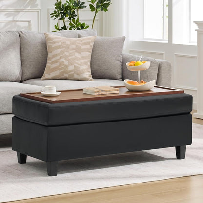 45" Faux Leather Storage Ottoman Bench with Wooden Tray, Black Large Upholstered Foot Stool, Multifunctional Coffee Table Storage Bench with Solid Wood Legs for Living Room Bedroom Entryway