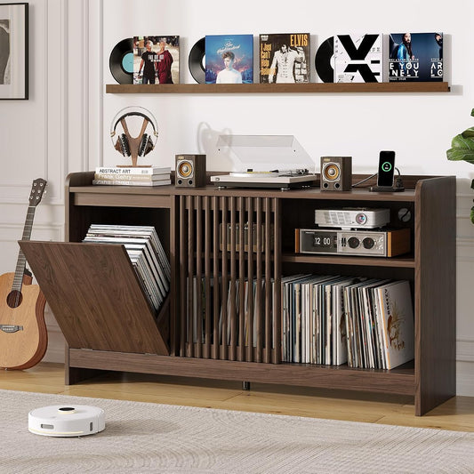 48" Record Player Stand w/Flip-Out Storage Cabinet, Sliding Door
