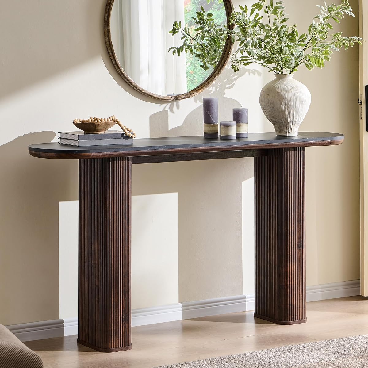 63 Inch Modern Console Table with Arc Faux Marble Texture Top, Fluted Wood Base, Contemporary Entryway Sofa Table for Living Room, Hallway, Foyer, Dark Walnut