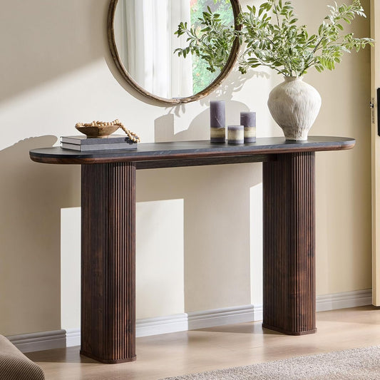 63 Inch Modern Console Table with Arc Faux Marble Texture Top, Fluted Wood Base, Contemporary Entryway Sofa Table for Living Room, Hallway, Foyer, Dark Walnut
