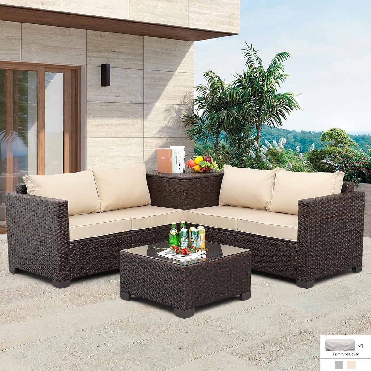 Wicker Patio Furniture Set 4 Pieces Outdoor Sectional Conversation Sofa Set with Storage Box and Glass Table with Cushions and Furniture Covers, Khaki