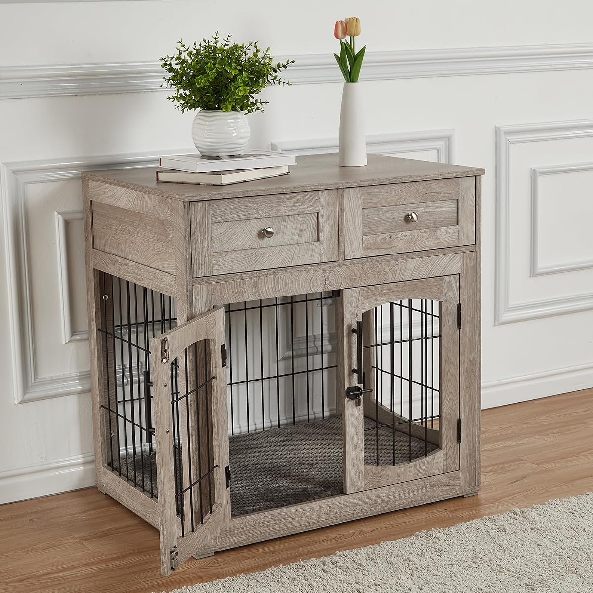 Dog Crate Furniture with 3 Doors, 39.4" Large Dog Crate with 2 Drawer & Cushion