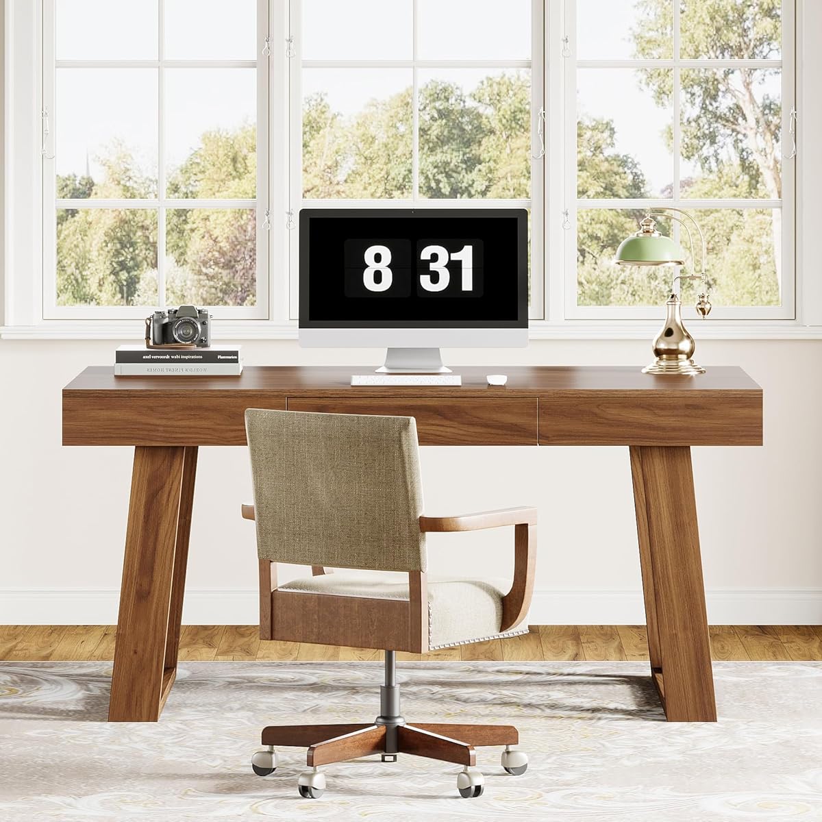 Tribesigns 55-inch Computer Desk with Drawer, Retro Walnut Big Home Office Desk, Modern Executive Desk Writing Desk Workstation Table for Home