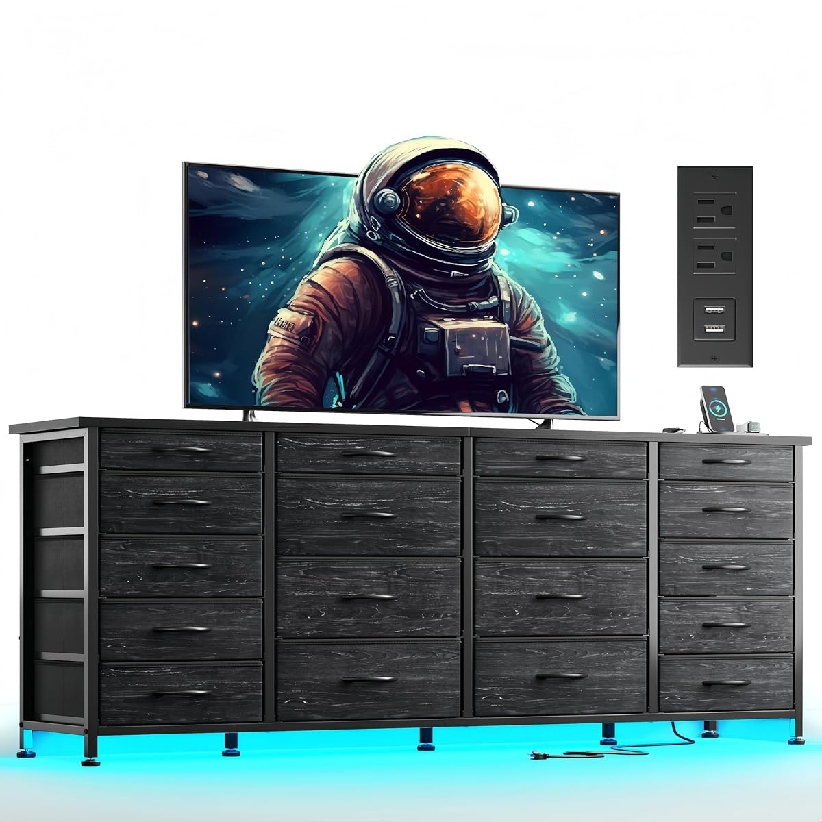 63" W Dresser for Bedroom, 18 Fabric Drawers, LED & Charging