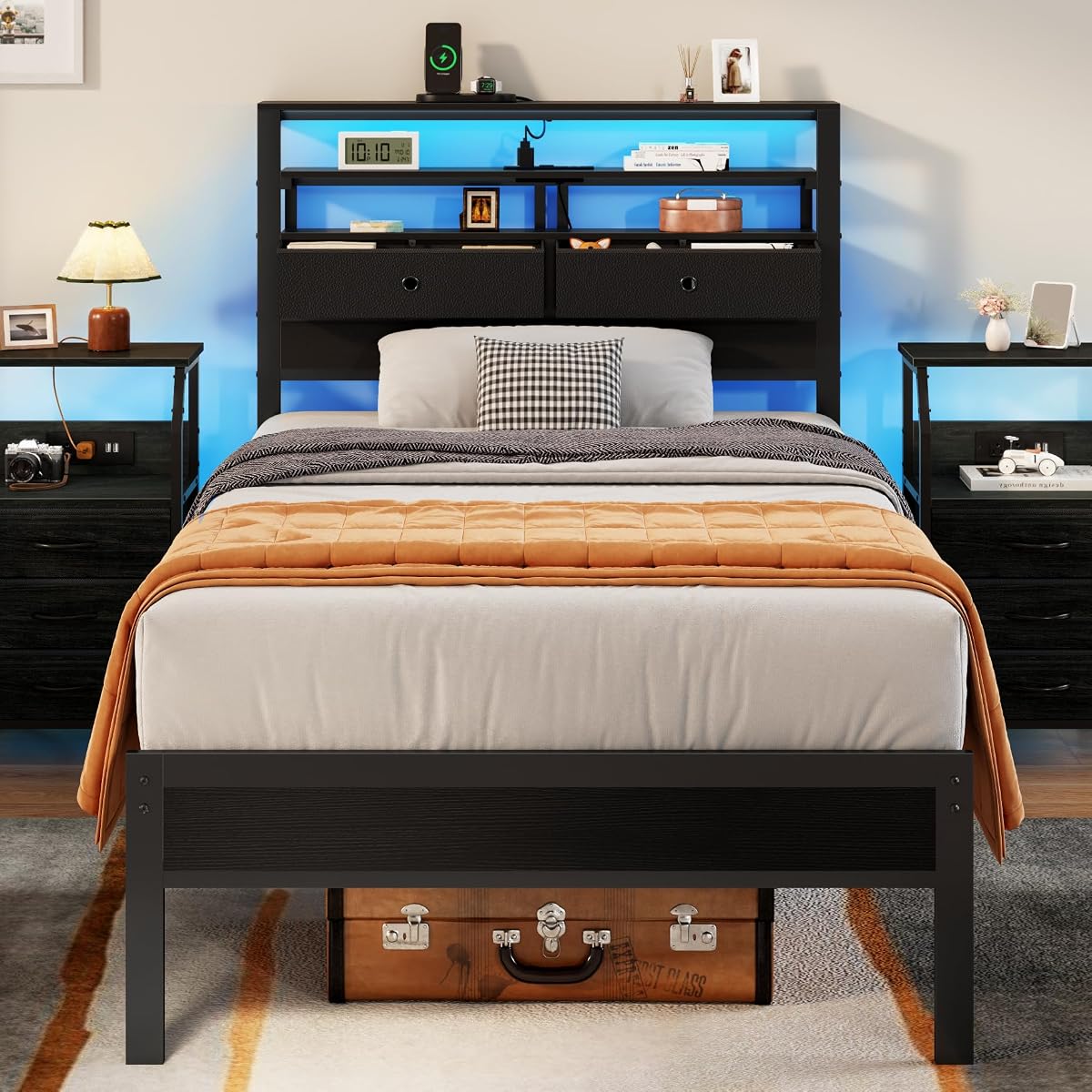Twin Bed Frames with Charging Station and LED Lights, Black Oak