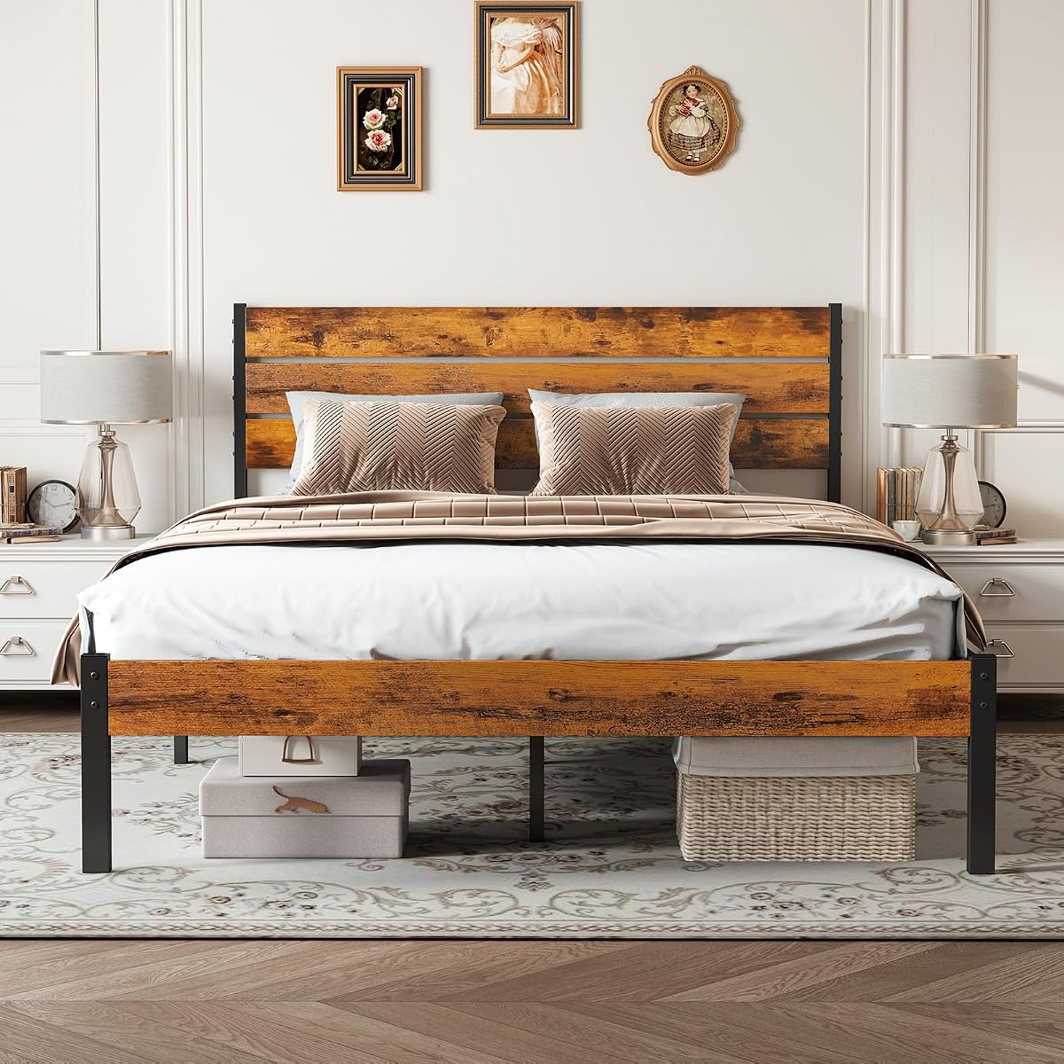 Full Size Platform Bed Frame with Wooden Headboard and Footboard