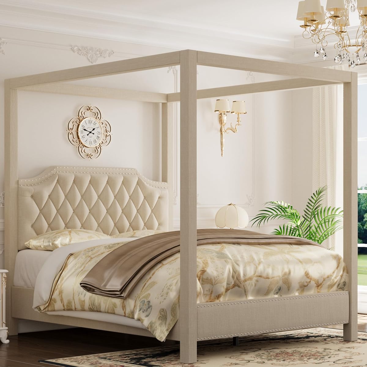 Full Canopy Bed Frame with Upholstered Headboard