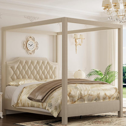 Full Canopy Bed Frame with Upholstered Headboard