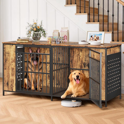 63" Large Dog Crate Furniture for 2 Dogs – Extra Sturdy XXL Metal & Wooden
