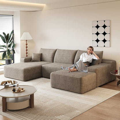 107" Comfy U-Shaped Sectional Modern Boneless Corduroy Couch with Chaise ‌and Ottoman‌ - No Assembly Required! Deep-Seat, Upholstered Modular Cloud Sofa for Living Room, Plush Corduroy Fabric(Camel)