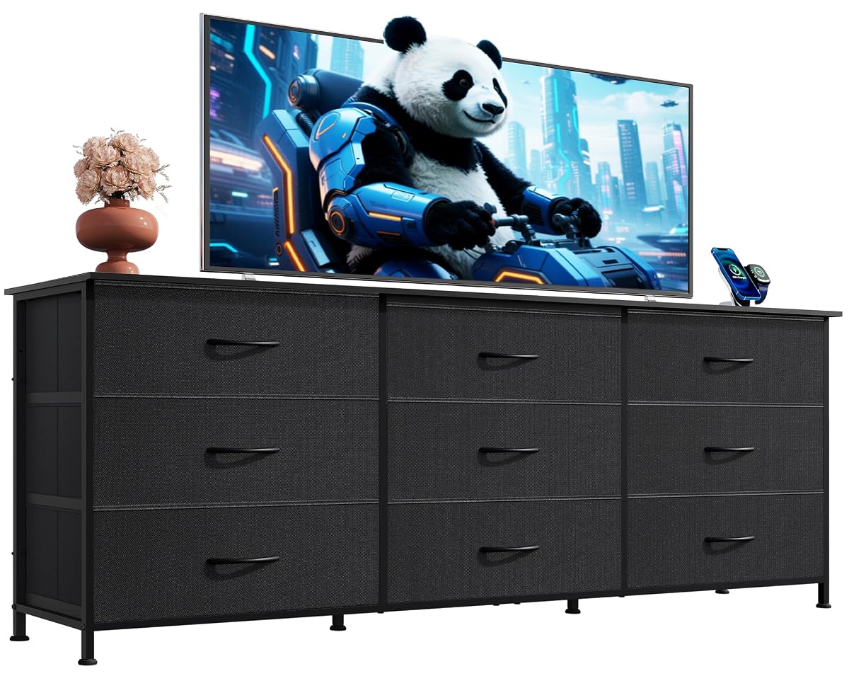 Dresser TV Stand for 75 Inch TV, 9 Drawer Dresser for Bedroom, Black