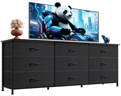 Dresser TV Stand for 75 Inch TV, 9 Drawer Dresser for Bedroom, Black