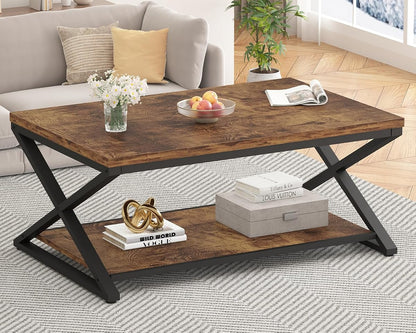 Wood Coffee Table with Storage, Farmhouse Rustic Brown Coffee Table for Living Room, Modern Minimalist 2 Tier Center Table, Simple Rectangle Cocktail Tea Table in Home Office Bedroom, 39 Inch