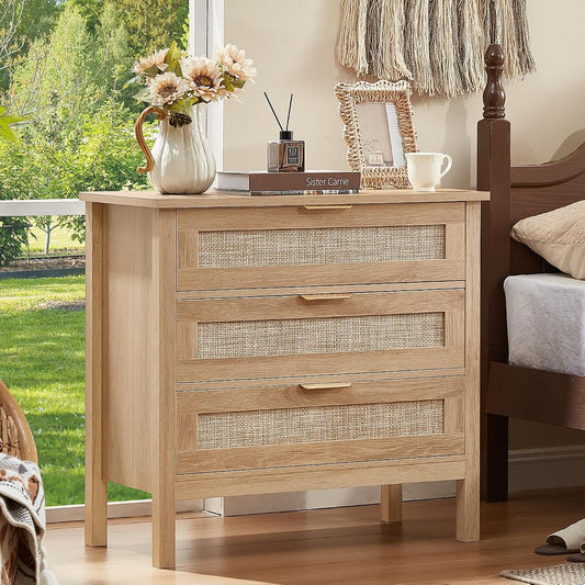 Natural wood wide boho rattan nightstand with 3 drawers